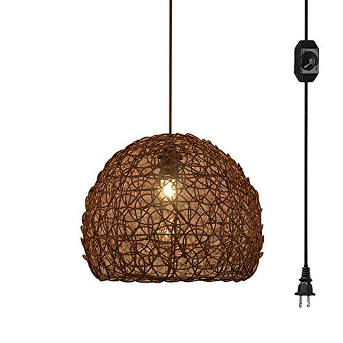 ANYE Rattan Hollow Lampshade Ceiling Lamp with 15ft Plug-in UL On/Off Dimmer Switch Cord Retro Style Bird's Nest Shade Pendant Lamp for Southeast Asia Restaurant Cafe Cabinet Bulb Sold Separately