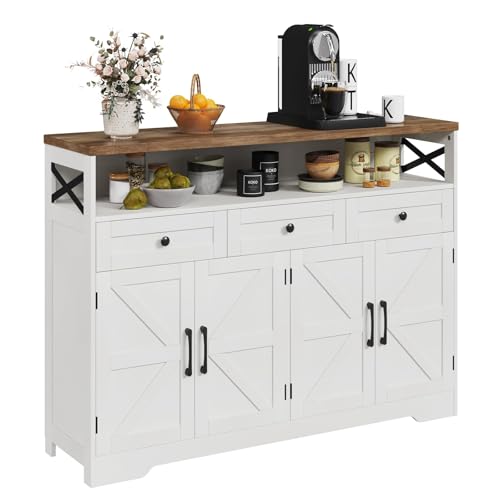 BonVache - Bonvache 51" Farmhouse Sideboard Buffet Cabinet with Drawers, Wood Coffee Bar Cabinet with Charging Station, Kitchen Hutch Pantry Storage Cabinet for Dining Room,Living Room,Hallway, Off White