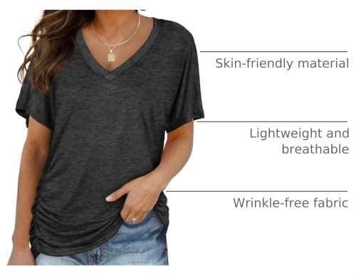 Image of WIHOLL Womens Summer T-Shirts Short Sleeve V Neck Dolman Tops with Side Shirring Loose Fit Shirts Spring Fashion