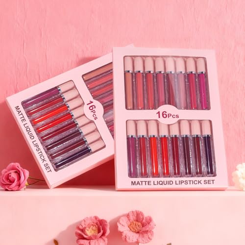 Image of evpct 16Pcs Matte Liquid Lipsticks, Mauve Plum Purple Marron Orange Wine Red Pink Lipsticks Set, Long Lasting Waterproof Lip Gloss Highly Pigmented Lipstick Makeup 24hr Original Smudge Proof labial