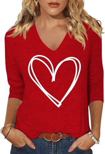 Image of Woffccrd Womens 3 /4 Sleeve V Neck T-Shirts Valentina's Day Spring Shirts Love Heart Printed Graphic Tees