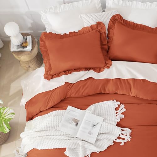 Andency Terracotta Ruffle Comforter Oversized Queen(98x98Inch), 3 Pieces(1 Ruffled Comforter and 2 Pillowcases) Solid Farmhouse Shabby Chic Bed, Vintage Rustic Soft Polyester Bedding Set by Andency - Image 3