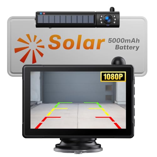 Solar Wireless Backup Camera with 5' 1080P Monitor, 2-Min DIY Installation, 5000mAh Battery Powered, Stable Signal & 2 Split Screen, IP69K Waterproof Night Vision Reverse Camera for Car Truck SUV RV