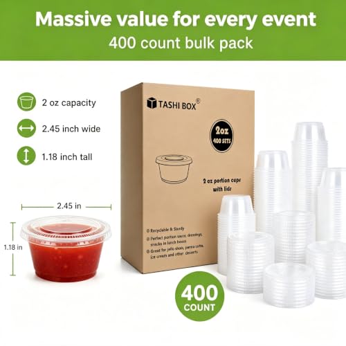 Image of TashiBox 400 Sets - 2 oz Jello Shot Cups with Lids, Small Plastic Portion Cups with Lids, Disposable Condiment Containers for Sauce