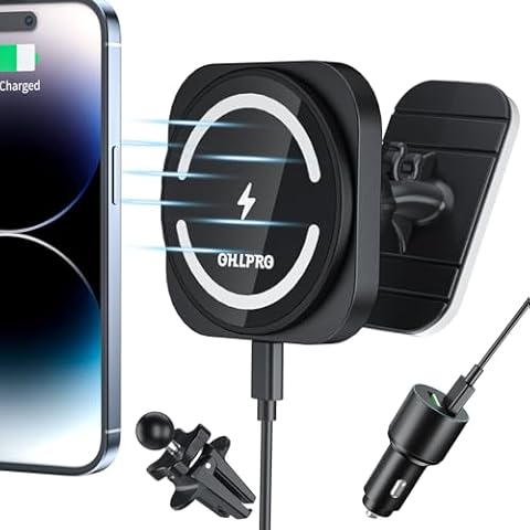 OHLPRO for Magsafe Car Mount,Super Strong Magnetic Wireless Car Charger Compatible with iPhone 16 Pro max,16/15/14/13/12 Series, [with QC 3.0 Adapter] Dashboard Car Phone Holder Cover
