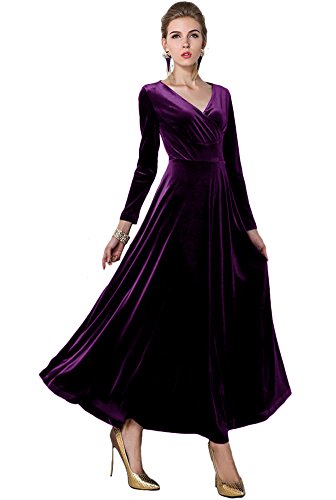 Urban CoCo Women Long Sleeve V-Neck Velvet Stretchy Long Dress (X-Large, Purple)