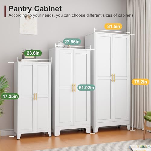 Image of winiowa Metal Pantry Cabinet with 2 Doors and Adjustable Shelves, Kitchen Storage cabinets with Gold Handles, Versatile Storage for Laundry /Living Room,Bathroom,Dinning Room-White