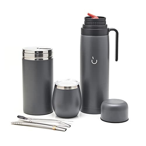 Balibetov Complete Yerba Mate Set - Modern Mate Gourd, Thermos, Yerba Container, Bombilla And Cleaning Brush Included - All Premium Quality 304 18/8 Stainless Steel (Grey) #TOP20