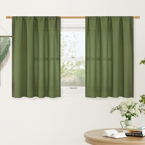 Image of LAMIT Short Linen Curtains 36 Inch Length 2 Panels for Cafe, Olive Green