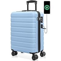 AnyZip Carry On Luggage 21\" Hardside PC ABS Lightweight USB Suitcase with Wheels TSA Lock for kids Light Blue