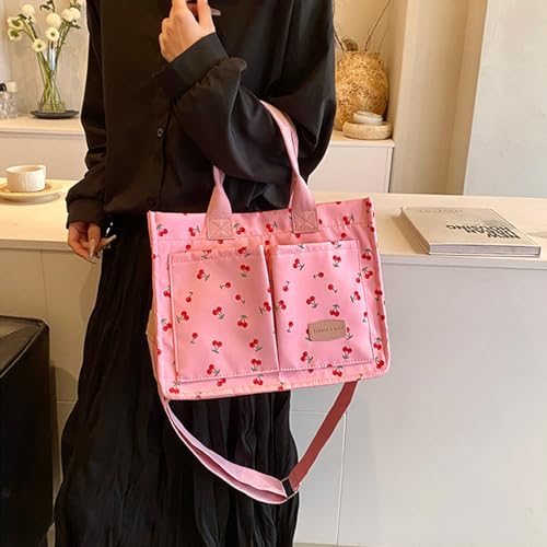 Image of Cherry Tote Bag for Women Canvas Patched Purse Cute Shoulder Bag Multi-Pocket Satchel Handbag for work travel