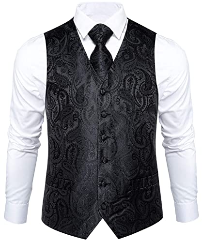 Image of DiBanGu Mens Paisley Vest Silk Sleeveless Suit Vest and Neck Tie Pocket Square Cufflinks Set for Wedding Formal