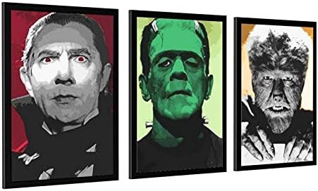 Starison Horror Movie Wall Art Canvas Framed 3 Pieces Universal Monsters Poster Prints Paintings Pictures for Living Room Home Decorations Frame-style1 24×36inch(60×90cm)