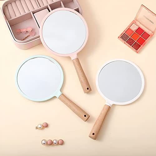 Image of Round Wooden Handle Mirror for Makeup & Travel | Portable Lightweight Handheld Vanity Mirror with Hanging Hole | Durable Plastic Frame | Natural Wood | Colour May Vary (1, Wood Handel Round)