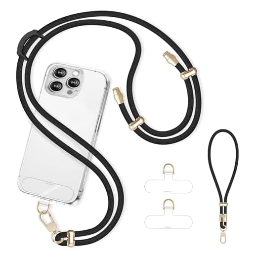 Derraffina Cell Phone Lanyard Adjustable Crossbody Phone Lanyard *1 Phone Wrist Strap *1 with Deluxe Gold Matal Buckle + Clear Tether Tabs *2 for Shopping Travelling Hiking Black