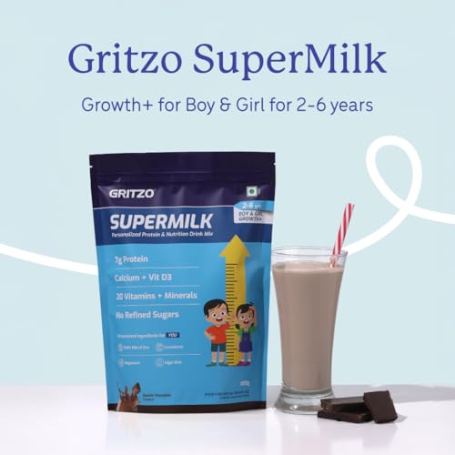 Image of Gritzo SuperMilk Growth+ (Formerly Height+) (2-6y Boy & Girl), 7g Protein Powder (Double Chocolate, 800g) | Pack of 2
