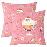 Manfei Cute Rooster Double Sides Print Pillow Covers 2 Pack,Sweet Dessert Ice-Cream Donut Cake Throw Pillow Case Covers,Cartoon Chicken Animal Graffiti Pink Cushion Covers,18'x18'