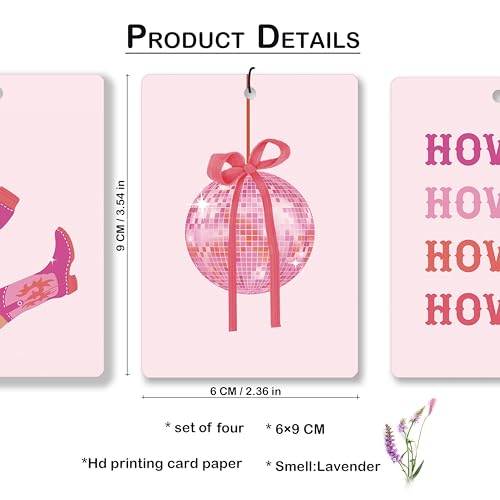 Image of Cute Pink Western Lavender Car Air Freshener, Coquette Pink Bow Disco Ball Cowgirl Boots Hanging Air Freshener 4 Pcs for Cars Closet Drawer Books, Car Accessories Mirror Decor for Women