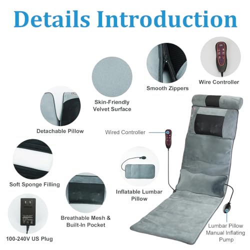 Colchón de masaje con calefacción, tapete de masaje de cuerpo completo con 20 cabezales vibratorios y terapia de calor para aliviar el dolor de espalda y piernas, plegable para un fácil almacenamiento