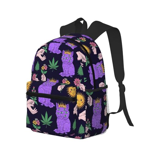 Casual Daypack Big Capacity Anti-Theft Multipurpose Shoulder Bag for Outdoors Bicycle, Halloween Trippy Eyes Cat Weedleaf Flower Bags, Travel Hiking Daypack Lightweight Waterproof2