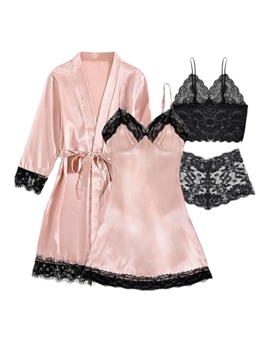 Hellomamma Women's Silk Pajama Set: 4-Piece Satin Robe Lingerie Sexy Sleepwear for Women Lounge Set Ideal for Home Relaxation Bridal Gift for Wife Girlfriend Pink Medium
