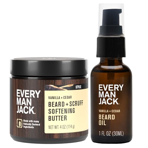 Every Man Jack Beard Oil & Scruff Softening Butter Bundle - Vanilla + Cedar Scent - Rejuvenates Hydrates & Styles Dry Beards - Naturally Derived with Cocoa Butter and Shea Butter