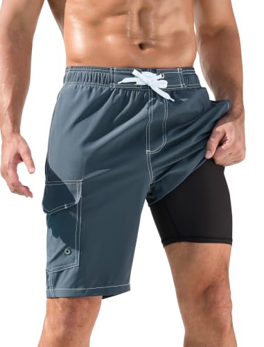 SILKWORLD Mens Swim Trunks with Compression Liner, Dark Gray & White, 36