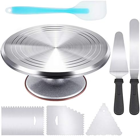 Kootek 12 Inch Cake Turntable Cake Decorating Kit Supplies, 7 Pcs Baking Supplies Aluminium Alloy Revolving Cake Decorating Stand, with 3 Icing Smoother, Icing Spatula, Silicone Spatula, Cake Cutter