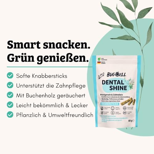 BugBell Softe Knabbersticks für Hunde 60g, Mundgeruch & Zahnstein, Fettreduziert & Pflanzlich, fördert angenehmen Atem & Zahnsteinreduzierung, Chlorella, Salbei, Pfefferminze
