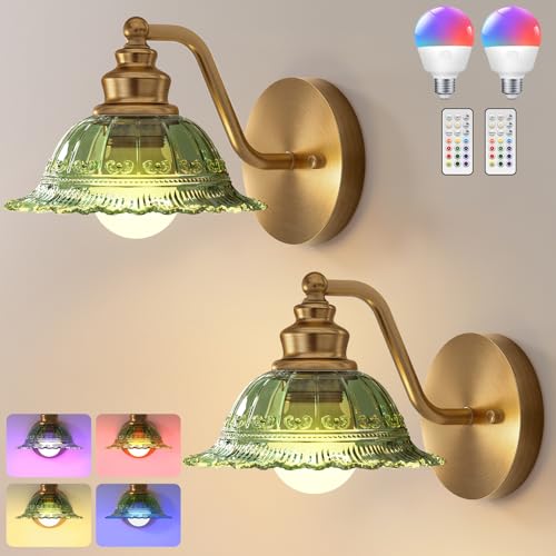 Image of Redluck Glass Battery Operated Wireless Wall sconces Set of Two with Remote | Vintage Green Glass, Rechargeable, Easy Installation, 12 Colors Wireless Wall Lamp for Bedroom Living Room Hallway Decor