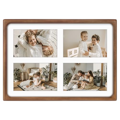 Golden State Art 4x6 Collage Picture Frame - Solid Wood with Real Glass - Multi Picture Frame for (4) 4x6 Photos or One 9.5x13.5 Print - Rounded Corner Design - Collage Wall Decor - Brown