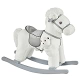 HOMCOM Cheval à Bascule bébé de 18 à 36 Mois, Jouet à Bascule en Peluche, Animal à Bascule en Bois, avec Effet sonore, Ours en Peluche Gratuit, 65 x 26 x 55 cm, Blanc