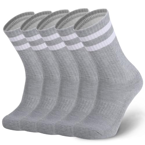 Image of Ultrafun 5 Pairs Striped Crew Socks Cotton Cushioned Athletic Sports Running Socks for Men Women Teens