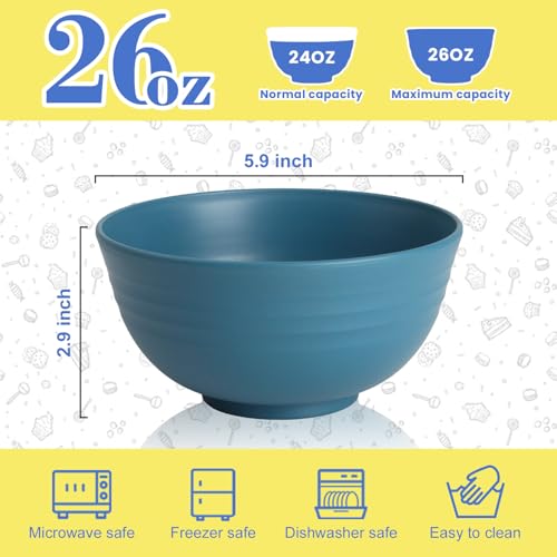Image of 26 OZ Wheat Straw Bowls Set of 6, Reusable Plastic Kitchen Bowls, Unbreakable Bowls Set for Cereal, Salad, Snack, Soup, Ideal for Indoor & Outdoor, Microwave & Dishwasher Safe, Blue