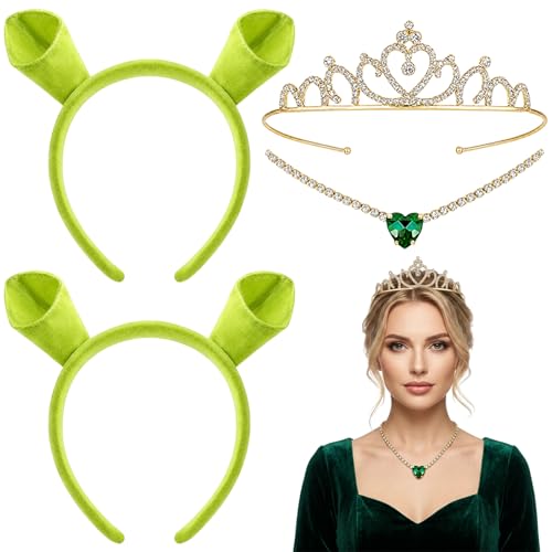 Green Headband Halloween Costumes Adult Women 4 PCS Cute Ears Headband Set With Crown Ears Headband And Necklace Halloween Costumes for Attending Halloweens and Parties Use by Those Aged 15+