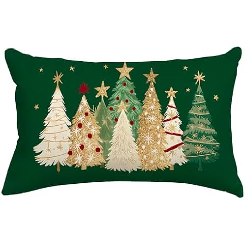 RABUSOFA Christmas Tree Pillow Covers 12x20 Inch,Watercolor Christmas Decorations Pillows Decorative Throw Pillows Gold Stars Xmas Lumbar Cushion Case for Home Decor Couch Winter Holiday(4-Green) Cover