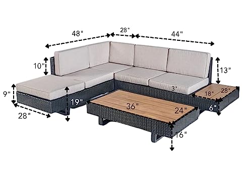 Image of DEVOKO 3 Pieces Patio Sectional Sofa All-Weather Outdoor Seating Sets with Wood Top Attach Side Table (Black and Cream)