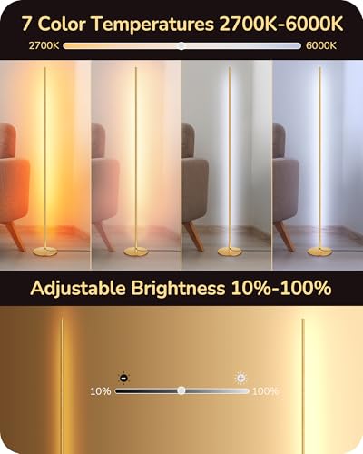 Dimmable LED Corner Floor Lamp with Remote - 57.5 Modern Light for Bedroom, Living Room, Office, Gold