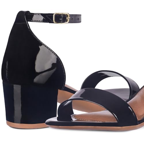 Sandalia Feminina Verniz Salto Médio Baixo Confortavel A302 (Preto, BR, Adulto, Numérico, M, 39)