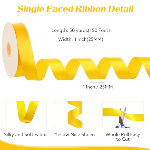 Image of woric Yellow Ribbon 1 Inch 50 Yards Fall Satin Ribbon | Gift Wrapping Baskets Bows Bouquet Crafts Fall Decor Harvest Party