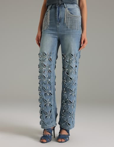 BELLA BARNETT Diamante Ripped Jeans Womens Tassel Straight Leg Pants for Women2