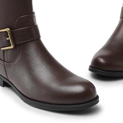 DREAM PAIRS DREAM PAIRS Women's Knee High Riding Pirate Boots, Comfortable Low Chunky Heel Flat Motorcycle Buckle Boots for Women,Size 8.5,Brown,SDKB2413W