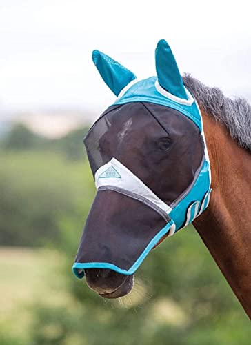 Shires - Maschera anti-mosche in maglia fine, con estensione per orecchie e naso, colore foglia di tè, Teal, Full