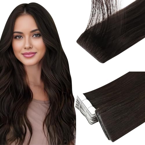 Image of Full Shine Brown Hair Extensions, Color 2 Dark Brown, Invisible Seamless Double Sided Tape in Extensions Real Human Hair, 18 Inch, 20Pcs, 50g, Wedding Styling and Daily Wear Lightweight Comfortable