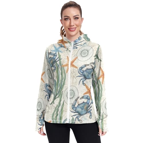 Sweat à capuche UPF 50+ femme vintage sea crab blanc rashguard anti-UV