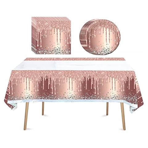 Cemtetnech 41pcs Pink Rose Golden Party Supplies ,Include 20 Plates, 20 Napkin and 1pcs Tablecloth,Used for Pink Rose Golden Birthday Party Decoration Cover