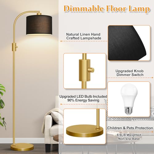 【Upgraded】 Dimmable Gold Floor Lamp, 1200 Lumens LED Bulb Included, Arc Floor Lamps for Living Room Modern Standing Lamp with Black Shade, Tall Lamp for Living Room Bedroom Office Reading Room Nursery - Image 5