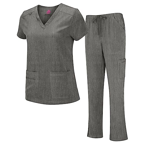 La Mejor Selección de Gris Jaspe - los preferidos. 47 Natural Uniforms - Conjunto de camiseta con cuello en V y pantalón tipo cargo elástico para mujer, color gris jaspeado, talla M