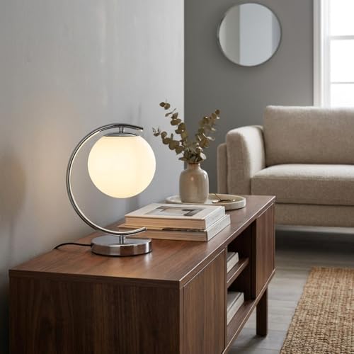 BARCELONA LED Lampada da Tavolo San Cromata a Forma di C con Sfera in Vetro Opalino, Base Rotonda in Alluminio, Design Classico Moderno Retro di Lusso per Camera e Soggiorno