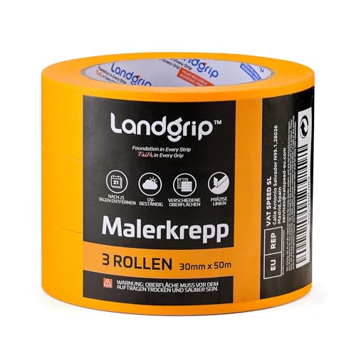landgrip Malerkrepp Profi Abklebeband 3 Rollen 30mm x 50m - Malerband Kreppband für Innen und Außen, UV-beständig für schnelle & saubere Renovierung und Handwerken